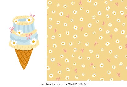 Cute vector set with vintage cake ice cream cone decorated with chamomile flowers and bows, and seamless daisy pattern. Hand-drawn crayon texture, perfect for packaging and textiles