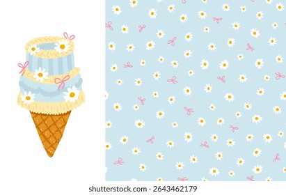 Cute vector set with vintage cake ice cream cone decorated with chamomile flowers and bows, and seamless daisy pattern. Hand-drawn crayon texture, perfect for packaging and textiles