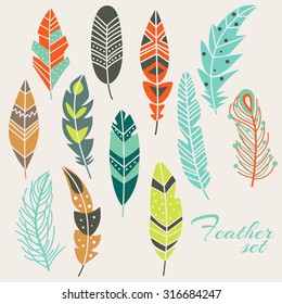 Cute vector set of vintage ethnic feathers in pastel colors. Ideal stylish style for cards, website design, logo, birthday, Valentines Day and any type of holiday or wedding invitations. 
