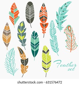 Cute vector set of vintage ethnic feathers in pastel colors. Ideal style for cards, website design, logo, birthday, Valentines Day and any type of holiday or wedding invitations