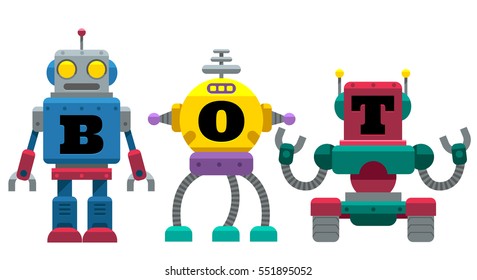 Conjunto vectorial de Robot de época con el alfabeto BOT aislado en fondo blanco.