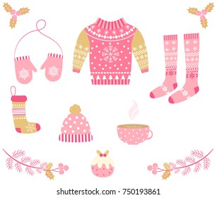 Cute vector set with warm winter clothes in pink and gold colors for greeting cards, invitations and holiday designs