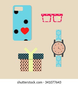 Cute Vector Set With Watch, Gift Box, Glasses, Case For Phone