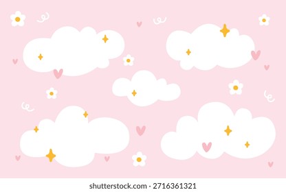 Lindo Vector con nubes blancas esponjosas estrellas amarillas corazones rosados y flores en estilo doodle. Ideal para el embalaje de textiles de vivero para niños o tarjetas de felicitación dulces y diseño de papelería