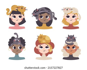 Cute vector set of women heads with cats on them. Beautiful girls with their pets.