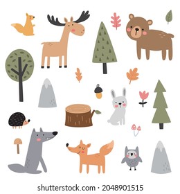 cute vector set of woodland animals, fox, moose, bear, rabbite, owl