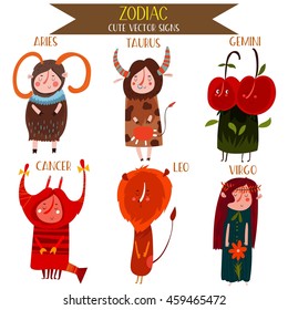 Cute Vector Set of zodiac signs.Part 1: Aries,Taurus, Gemini, Cancer, Leo, Virgo. Cute cartoon astrology symbols for adults and kids. - stock vector

