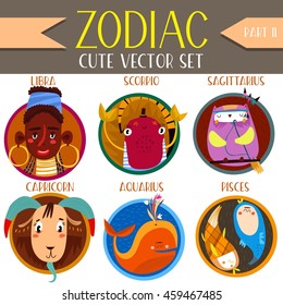 Cute Vector Set of zodiac signs.Part 2: Libra, Scorpio, Sagittarius, Capricorn, Aquarius,Pisces. Cute cartoon astrology symbols for adults and kids. - stock vector

