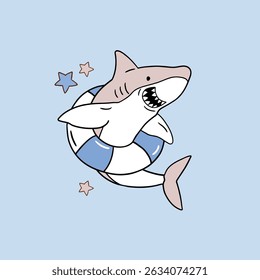 Cute vector shark with swim ring. Hand drawn summer marine life artwork. Perfect for sticker, tee shirt logo, greeting card, poster or nursery print design. EPS 10 vector file.