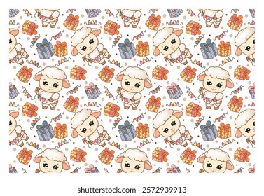 Cute vector sheep. Baby background with hand drawn sheep and gift boxes. Bright repeating texture. Cute baby design for nursery fabric and wrapping paper.