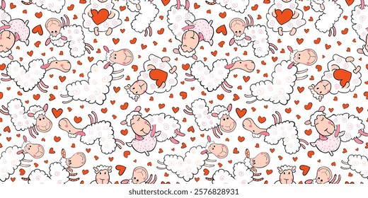 Cute vector sheep illustration with red hearts and flying heart and cloud shaped sheep for kids and baby designs, nursery and bedroom decor