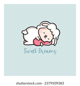 Cute vector sheep illustration. Sheep sleeping and hugging a pillow. Text: Sweet Dreams.