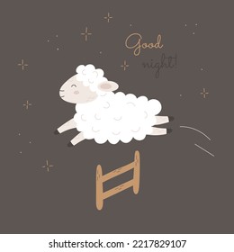 Cute vector sheep jumping over a fence against insomnia. Counting lamb to fall asleep children illustration. Flat animal design with lettering good night for kids postcards, posters, fabric textile