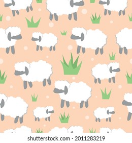 Cute vector sheep seamless pattern. Cute cartoon sheep illustrations texture with green fresh grass and stars texture. Pastel orange background color. Can be used as wallpaper, for print or for web.