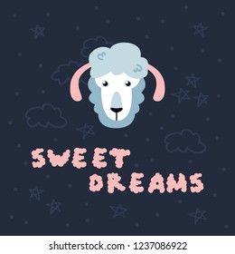 Cute vector sheep with Sweet dreams lettering. Poster or card template