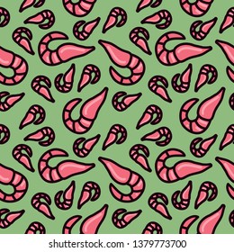 cute vector shrimp seamless pattern on green background