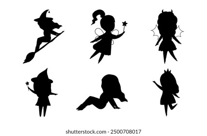 Cute vector silhouette collection of magical little girls in party costumes. Witch, fairy, devil, princess drawn by hand drawn