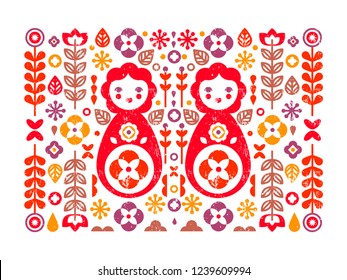 Cute vector simmetrical illustration. Folk art. Rustic style postcard. Matrioshka