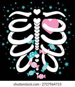Esqueleto lindo del Vector con los corazones, los caramelos, y las estrellas azules en un fondo negro, Halloween, horror lindo.