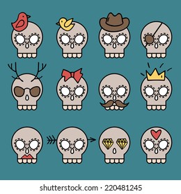 Cute vector skull icons set with different elements such as moustache, diamond, crown, hat, glasses, bird, bow,  arrow, heart shape