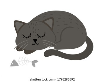 Cute vector sleeping black cat. Halloween character icon. Funny autumn all saints eve illustration with scary animal, sculls, bones. Samhain party sign design for kids. 
