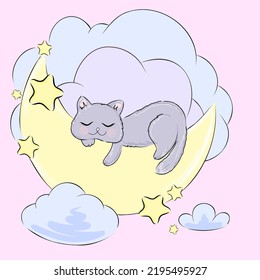 Cute vector sleeping cat in cartoon style. Childish print for nursery, kids apparel,poster, postcard. Hand drawn vector cat perfect for baby graphics, wallpapers, prints, banner, flyer, sticker.
