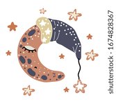 Cute vector sleeping  moon on white background. Illustration on scandinavian style can be used for textile, blog decoration, banner, poster, wrapping paper.