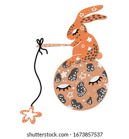 Cute vector sleeping planet with bunny on white background. Illustration on scandinavian style can be used for textile, blog decoration, banner, poster, wrapping paper.