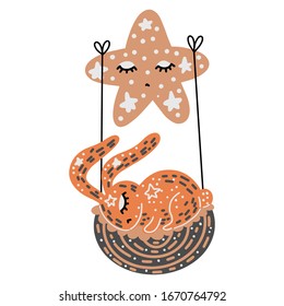 Cute vector sleeping star with bunny on white background. Illustration on scandinavian style 