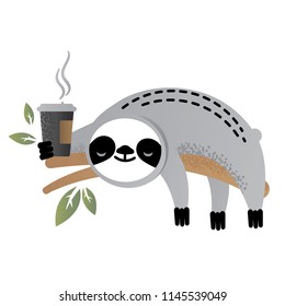 Cute vector sloth bear animal with a cup of coffee. Can be used for cards, flyers, posters, t-shirts.