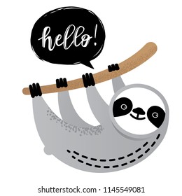 Cute vector sloth bear animal character says Hello, isolated on white background. Can be used for cards, flyers, posters, t-shirts.