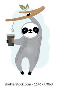 Cute vector sloth bear animal with coffee. Can be used for cards, flyers, posters, t-shirts.