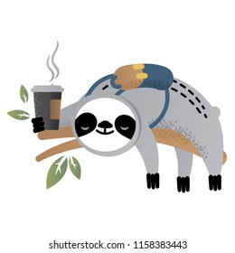 Cute vector sloth bear animal with coffee.Back to school. Can be used for cards, flyers, posters, t-shirts.