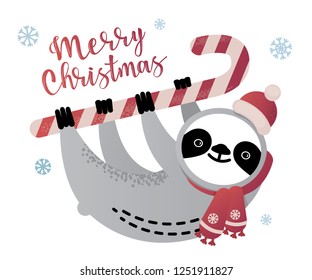 Cute vector sloth bear animal with a candy cane. Can be used for cards, flyers, posters, t-shirts.