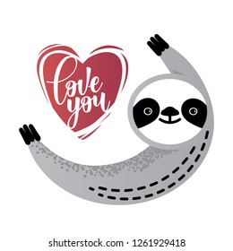 Cute vector sloth bear animal with a red heart and Love you lettering. Can be used for cards, flyers, posters, t-shirts.