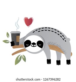 Cute vector sloth bear animal loves coffee. Can be used for cards, flyers, posters, t-shirts.