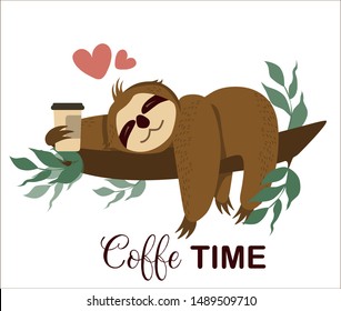 Cute vector sloth bear animal with coffee time lettering. Can be used for cards, flyers, posters, t-shirts.