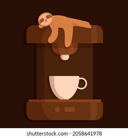 Cute vector sloth bear animal bathes in a cup of coffee. Can be used for postcards, flyers, posters, t-shirts. Morning mood.