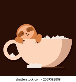 El animal de oso de lomo vectorial lindo se baña en una taza de café. Se puede usar para postales, volantes, afiches, camisetas. Humor matutino.