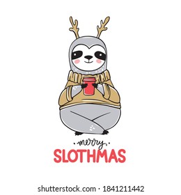 Cute vector sloth bear with cup of coffee, in ugly sweater or jumper. Doodle, sketch style. Christmas greeting card. Animals funny character, lazy Xmas.