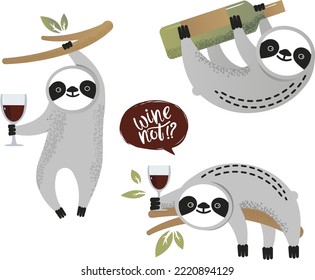 Cute vector sloth bear set with wine not lettering. Can be used for cards, flyers, posters, t-shirts.