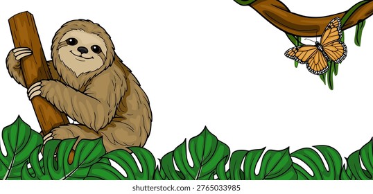 Cute vector sloth illustration with monarch butterfly and tropical leaves banner