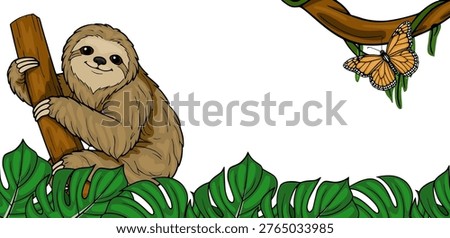 Cute vector sloth illustration with monarch butterfly and tropical leaves banner