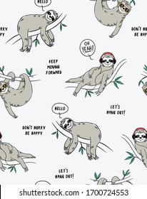 Cute vector sloth seamless pattern. For t-shirt prints and other uses.