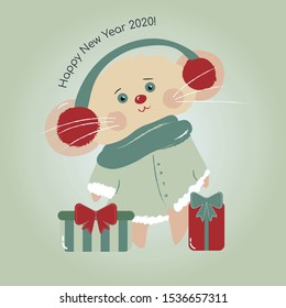 Cute vector smile mouse with two wrapping gifts for new year 2020 or Christmas 