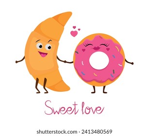 Cute vector smiling croissant and donut illustration. Cartoon couple of lovers. Funny comic sweets. Happy Valentines day. Greeting card isolated on white background