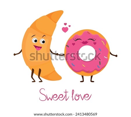Cute vector smiling croissant and donut illustration. Cartoon couple of lovers. Funny comic sweets. Happy Valentines day. Greeting card isolated on white background