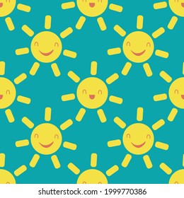 Cute vector smiling laughing kawaii suns. Seamless pattern background. Cartoon yellow weather icons on aqua blue wbackdrop. Fun sky repeat for travel, kids fashion, baby shower, summer concept.
