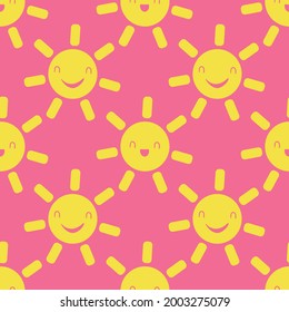 Cute vector smiling laughing kawaii sun seamless pattern background. Cartoon yellow weather icons on pink backdrop. Fun sky repeat for travel, kids fashion, baby shower, summer concept.