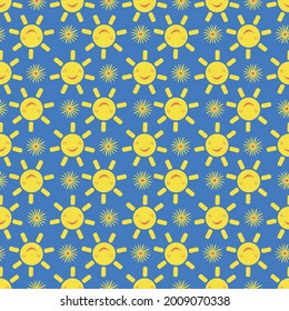 Cute vector smiling laughing kawaii sun and flowers seamless pattern background. Cartoon yellow weather and floral icons yellow blue backrop. Fun repeat for travel, kids fashion, baby shower, summer